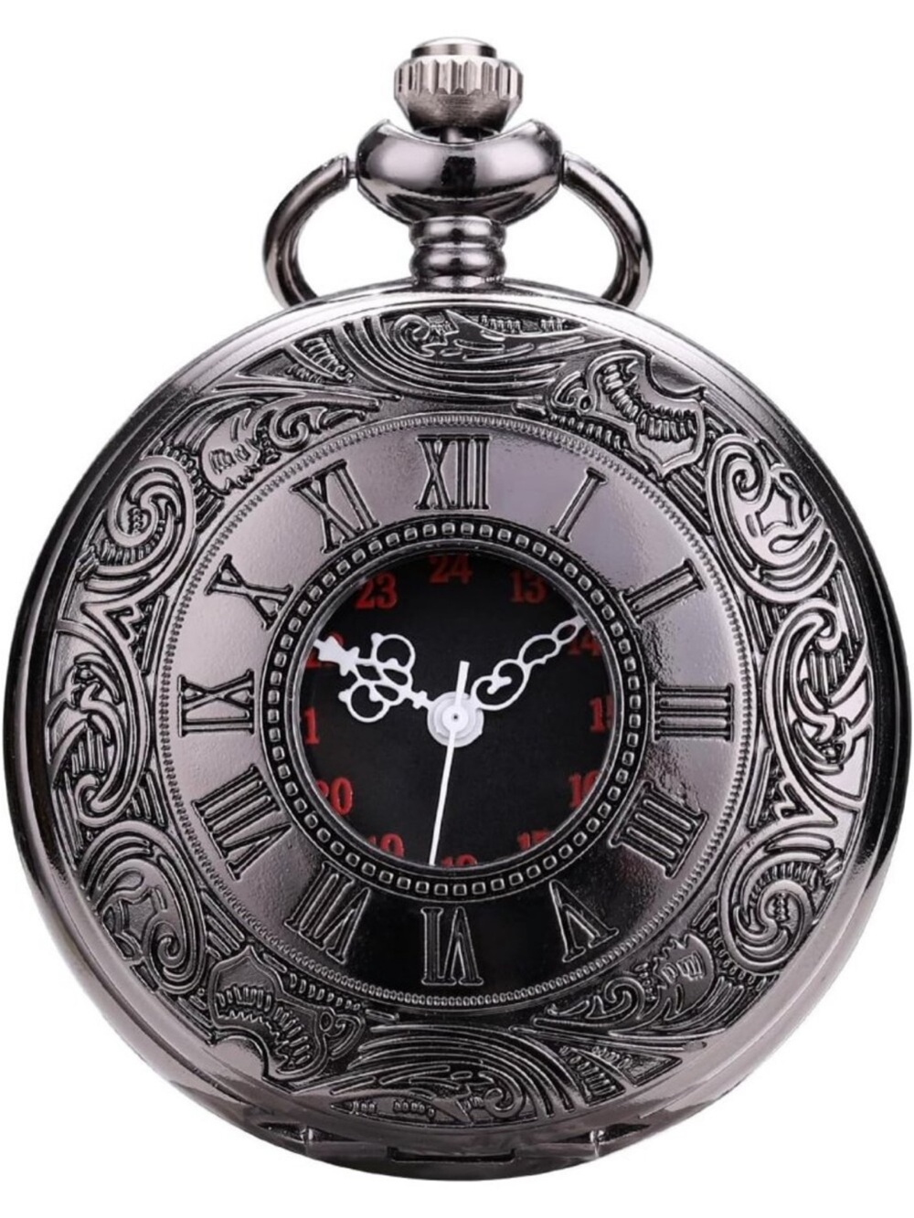 Mens Black Quartz Engraved Wave Pattern Arabic Numerals Round Chain Pocket Watch